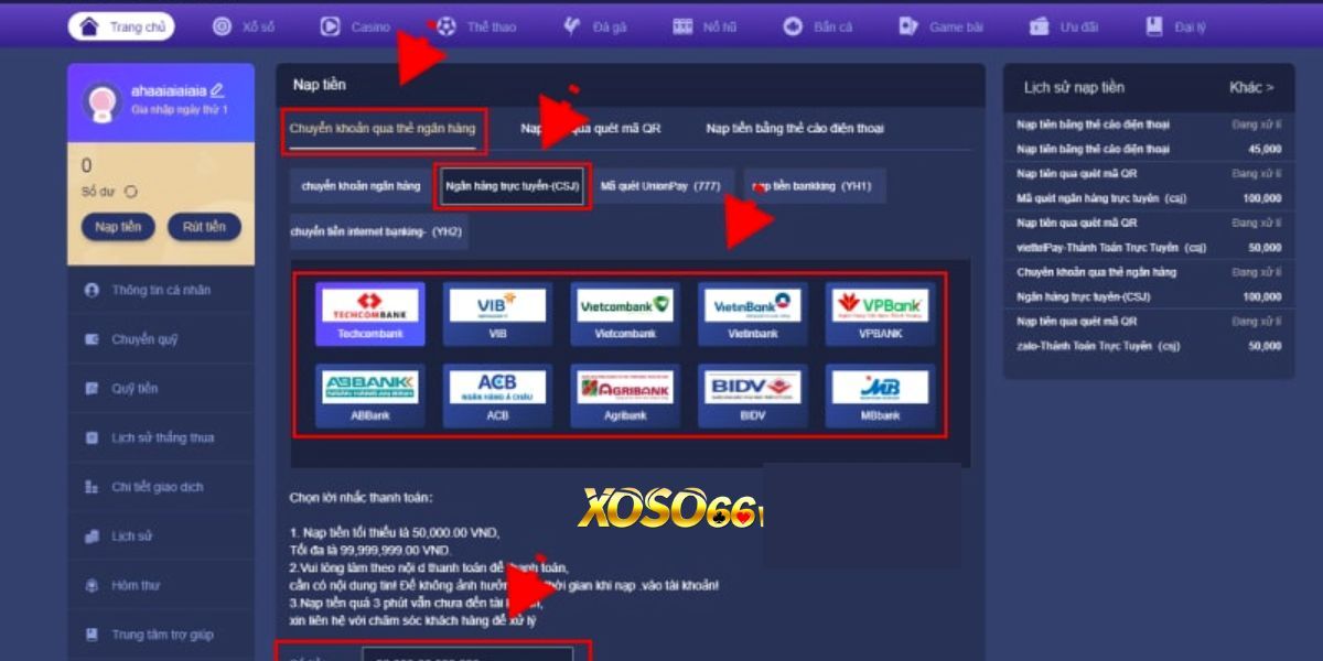 Hướng dẫn Nạp tiền Xoso66 chi tiết theo các bước